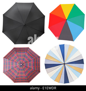 top view of four different open umbrellas isolated on white background Stock Photo