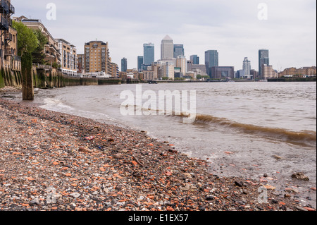London, UK, 8 May 2014. Canary Wharf, London's financial district in Docklands, is seen from the Thames Path near Limehouse. Stock Photo