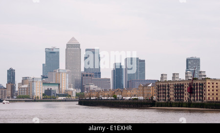 London, UK, 5 May 2014. Canary Wharf, London's financial district in Docklands, is seen from the Thames Path near Limehouse. Stock Photo
