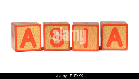 Asia on Colored Wooden Childrens Alphabet Block Isolated on White. Stock Photo