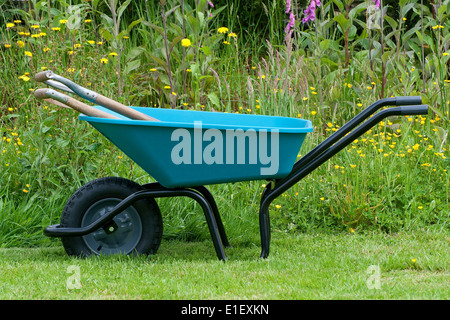 blue garden wheelbarrow on grass lawn Stock Photo