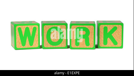 Work on Colored Wooden Childrens Alphabet Block Isolated on White. Stock Photo