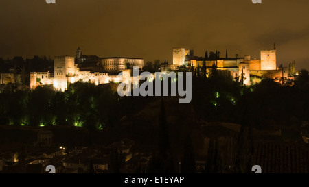 View of the Alhambra from the Albaicin district at night, Granada, Spain. Stock Photo