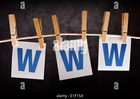 WWW, internet concept. Letters WWW printed on note paper hanging on rope. Stock Photo