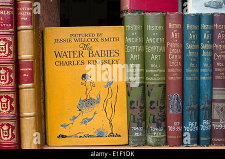 A shelf of vintage books in a secondhand bookseller's window including a copy of 'The Water Babies' by Charles Kingsley. Stock Photo