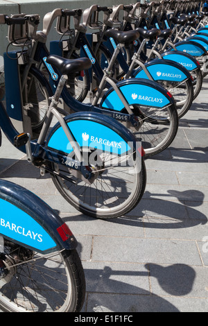 Barclays sponsored bicycle scheme. nicknamed Boris Bikes, cycle hire bike docking station in London Stock Photo