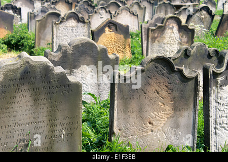 Scenic view of old graves from the 1700 and 1800's in a Victorian cemetery, Whiby, England. Stock Photo