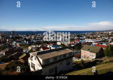 looking down over the city from la cruz viewpoint in Punta Arenas Chile Stock Photo