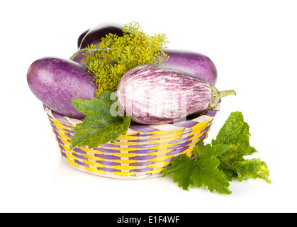 Fresh ripe eggplants in basket. Isolated on white background Stock Photo