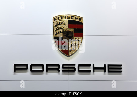Porsche Company Logo at the AMI - Auto Mobile International Trade Fair on June 1st, 2014 in Leipzig, Germany Stock Photo
