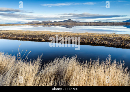 A pond and foothills at Lower Klamath National Wildlife Refuge in norther California in February. Stock Photo