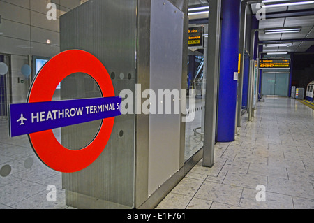 Heathrow Terminal 5 Underground Station showing roundel, Heathrow Airport, London Borough of Hillingdon, London, England, UK Stock Photo