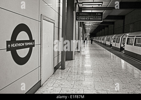 Heathrow Terminal 5 Underground Station showing roundel, Heathrow Airport, London Borough of Hillingdon, London, England, UK Stock Photo