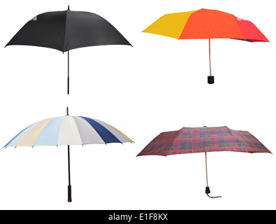 side view of four different open umbrellas isolated on white background Stock Photo