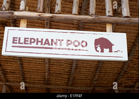 Elephant Poo sign in Elephant Poopoopaper making Park in Chiang Mai, Thailand. Stock Photo