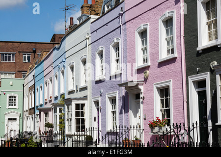 Colourful Georgian terraced houses, Bywater Street, Chelsea, London, SW3. Stock Photo