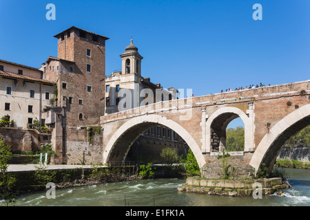 Rome, Italy. Isola Tiberina or Tiber Island with the Ponte Fabricio built in the first century BC. Stock Photo