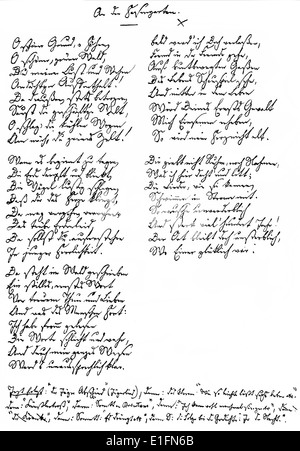 Abschied, handwritten Poem by Joseph Karl Benedikt Freiherr von Eichendorff, 1788 - 1857, a poet and writer of German Romanticis Stock Photo