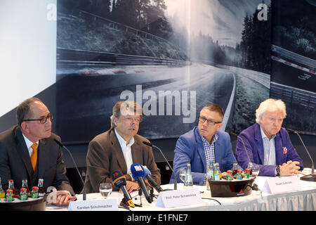 Nuerburg, Germany. 03rd June, 2014. Carsten Schumacher, manager of Nuerburgring Capricorn GmbH (L-R), Peter Schwenko (CEO Deutsche Entertainment AG), Stuart Galbraith (CEO Kilimanjaro Live), and Ossy Hoppe (Wizard Promotions) during a press conference for the upcoming rock festival Rock am Ring at the Nuerburgring in Nuerburg, Germany, 03 June 2014. Photo: THOMAS FREY/dpa/Alamy Live News Stock Photo