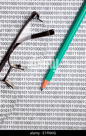 glasses and pencil on the background of a binary code Stock Photo