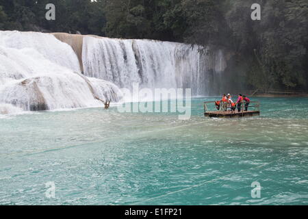 Churning cascades and tourists on raft, Rio Tulija, Parque Nacional de Agua Azul, near Palenque, Chiapas, Mexico, North America Stock Photo