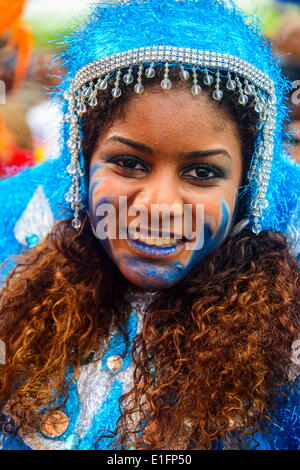 Colourfully dressed woman on the Carneval in Santo Domingo, Dominican Republic, West Indies, Caribbean, Central America Stock Photo