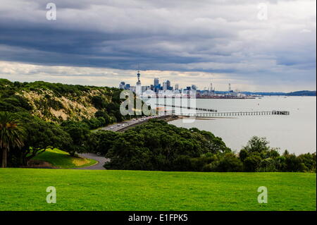View from the Michael Joseph Savage memorial at the Tamaki Drive over the skyline of Auckland, North Island, New Zealand Stock Photo