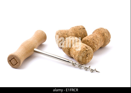 corkscrew and cork isolated on white background Stock Photo