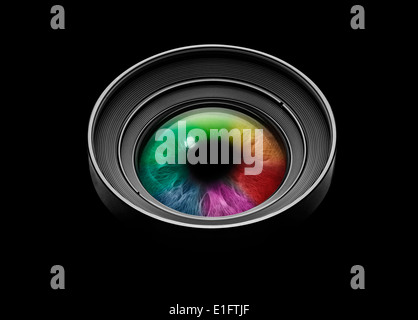 Camera lens with multicolored eye on black Stock Photo