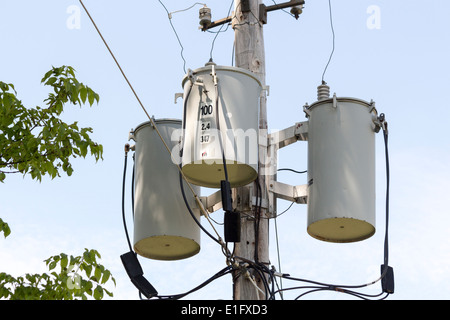 Close up of transformers on a hydro pole Stock Photo