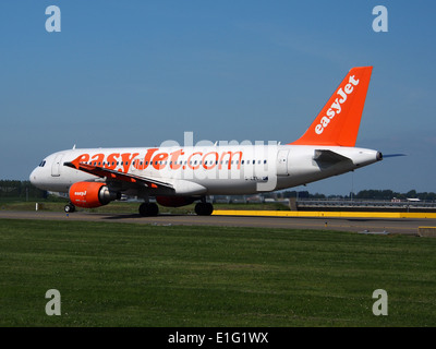 easyJet Airbus A320-214, registration G-EZTH, is seen taxiing at Amsterdam Schiphol Airport. The A320 is a popular narrow-body airliner, widely used for short to medium-range flights. Stock Photo