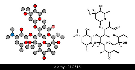 Clarithromycin antibiotic drug (macrolide class), chemical structure. Conventional skeletal formula and stylized representation. Stock Photo