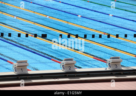Starting blocks in a olympic swimming pool Stock Photo