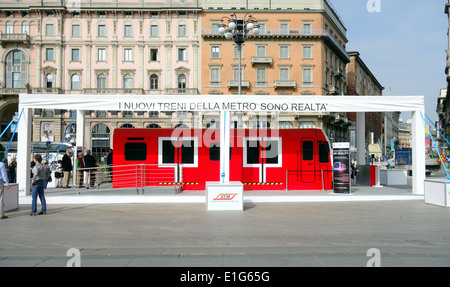 New subway train on display in Duomo Square in Milan, Italy Stock Photo