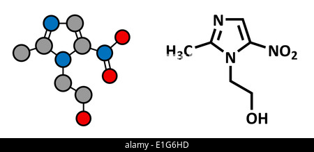 Metronidazole antibiotic drug (nitroimidazole class), chemical structure. Conventional skeletal formula and stylized repr. Stock Photo