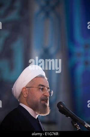 Tehran, Iran. 3rd June, 2014. Iranian President HASSAN ROUHANI speaks during a ceremony to mark the death anniversary of Iran's Late Leader Ayatollah RUHOLLAH KHOMEINI in Khomeini's tomb in Behesht Zahra cemetery in southern Tehran. (Credit: Credit:  Morteza Nikoubazl/ZUMAPRESS.com/Alamy Live News) Stock Photo