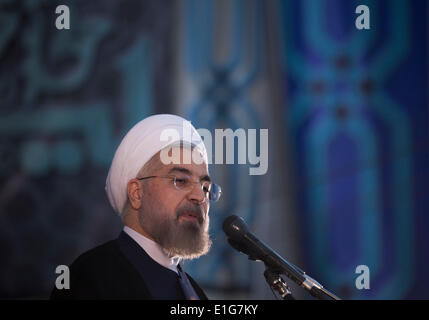 Tehran, Iran. 3rd June, 2014. Iranian President HASSAN ROUHANI speaks during a ceremony to mark the death anniversary of Iran's Late Leader Ayatollah RUHOLLAH KHOMEINI in Khomeini's tomb in Behesht Zahra cemetery in southern Tehran. (Credit: Credit:  Morteza Nikoubazl/ZUMAPRESS.com/Alamy Live News) Stock Photo