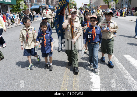 Cub Scout troop marches in The Kings County Memorial Day Parade in the Bay Ridge Section of Brooklyn, NY, May 26, 2014. Stock Photo