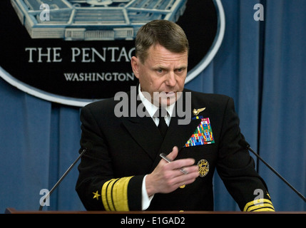 U.S. Navy Vice Adm. Bill Gortney, the director of the Joint Chiefs of Staff, briefs the media March 28, 2011, at the Pentagon i Stock Photo