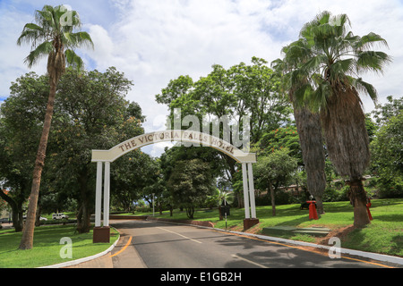 Archway sign at the entrance to the Victoria Falls Hotel, Zimbabwe, Africa. Stock Photo