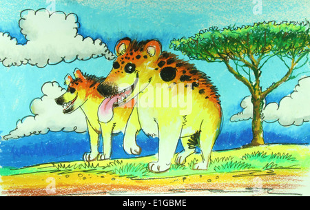 Hyenas in wild painting background Stock Photo