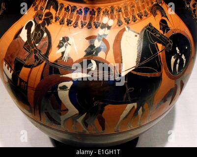 Terracotta neck-amphora (jar).  Greek, Attic, black-figure, ca. 500 B.C. Stock Photo