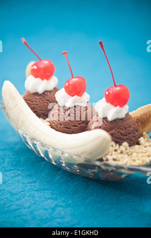 Banana Split Ice Cream with Cherry decoration Stock Photo