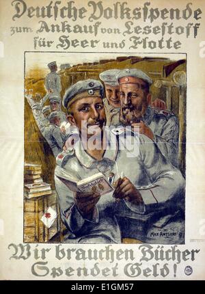 German poster shows soldiers reading books in a trench. Text translation - 'Donations to purchase reading material for the Army and Navy - We need books, donate money!'. Dated around 1910-1920 Stock Photo