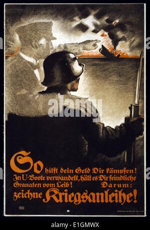 Poster shows the ghost of a sailor with his arm around a soldier. He is pointing to a sinking submarine. Text encourages people to subscribe to the war loan. Dated 1917 Stock Photo