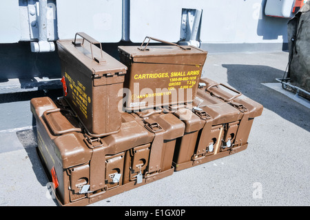 Ammunition boxes on a Royal Navy ship Stock Photo