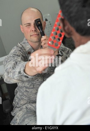 U.S. Air Force Maj. Nathan Anderson checks a patient's eyesight at the Medical Readiness Training Exercise in Brokopondo, Surin Stock Photo