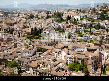 View of historic Moorish buildings in the Albaicin district of Granada, Spain seen from the Alhambra Stock Photo