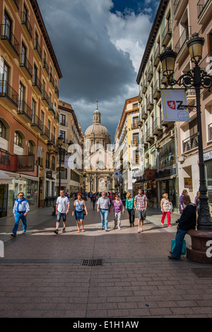 Alfonso I pedestrian street with Basilica de Nuestra Senora del Pilar church behind, Zaragoza, Aragon, Spain Stock Photo