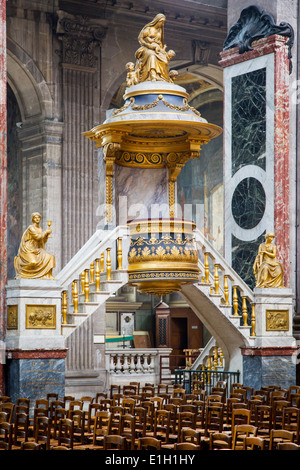 Ornate pulpit in Eglise Saint Sulpice, Saint Germain des Pres, Paris France Stock Photo